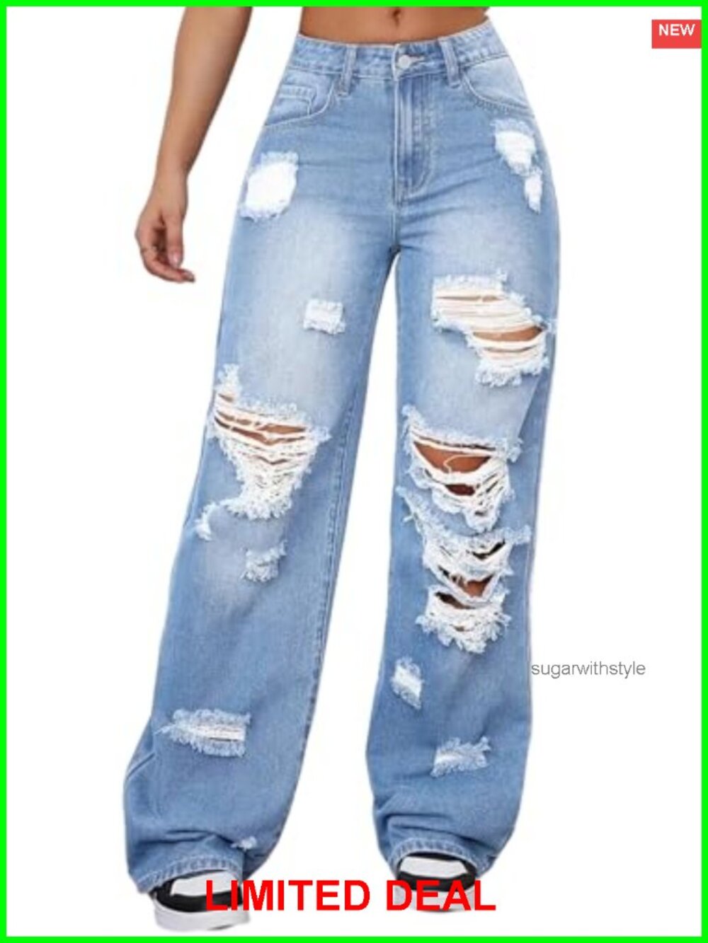 High Waisted Wide Leg Ripped Distressed Jeans Polyester Elastane